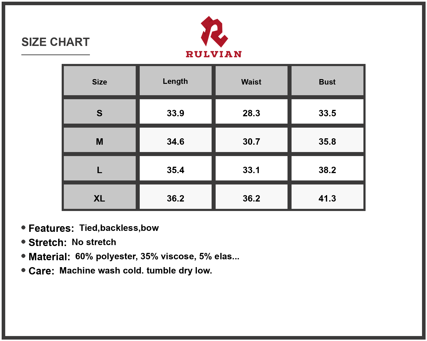 Size Chart - Women's Square Neck Sleeveless Mini Dress with Bow Tied Backless Front Detail 60% polyester 35% viscose 5% elastane