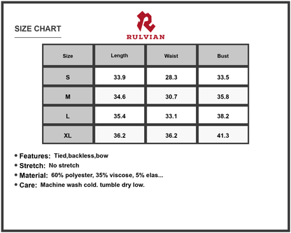 Size Chart - Women's Square Neck Sleeveless Mini Dress with Bow Tied Backless Front Detail 60% polyester 35% viscose 5% elastane