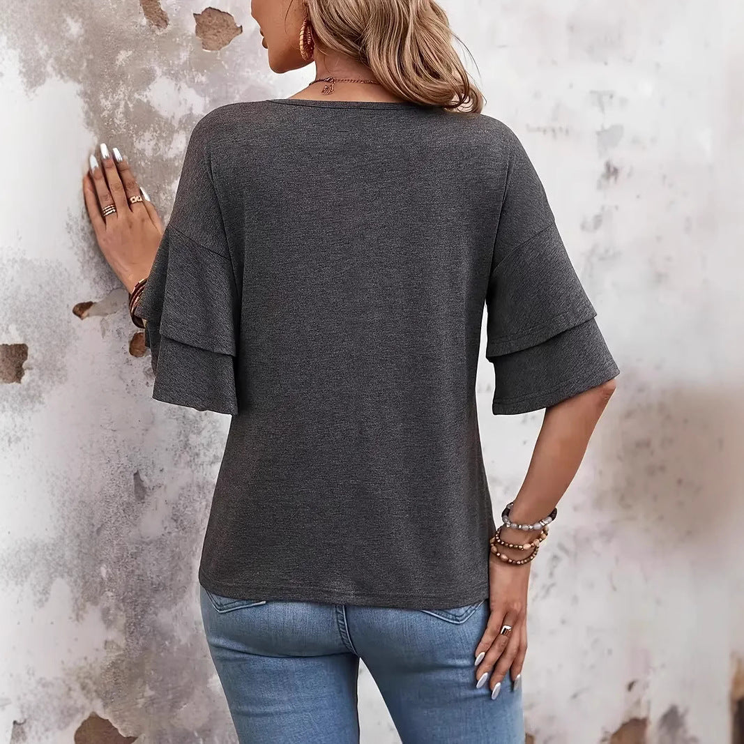 Women's V Neck Flounce Fashion T Shirt Gray Cotton % Fabric Short Sleeve Casual Top For Everyday Wear