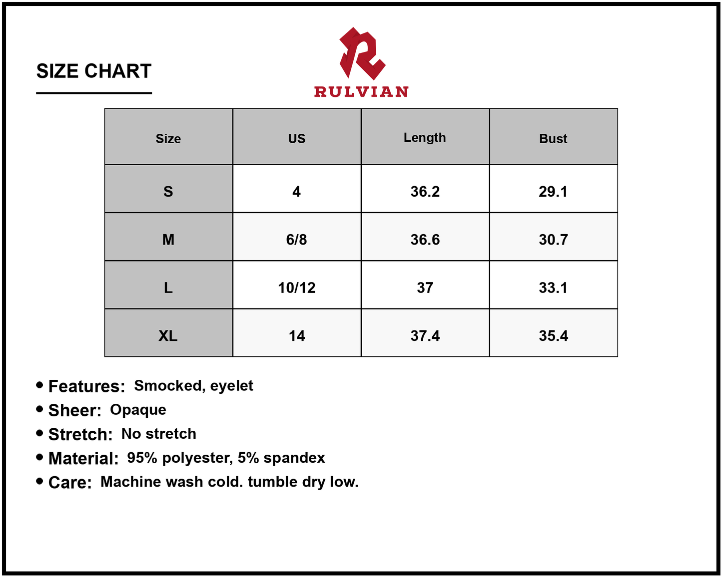 Size Chart - Women's Smocked Eyelet Square Neck Puff Sleeve Mini Dress Ninety Five Percent Polyester and Five Percent Spandex