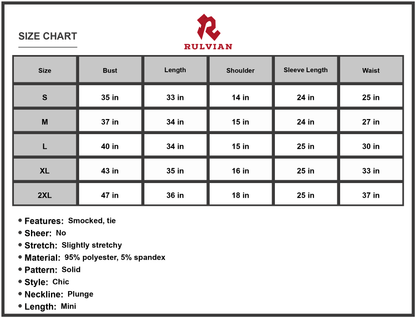 Size Chart - Womens Tied Plunge Smocked Waist Flounce Sleeve Dress 95% Polyester 5% Spandex Casual Mini Length Chic Party Ready