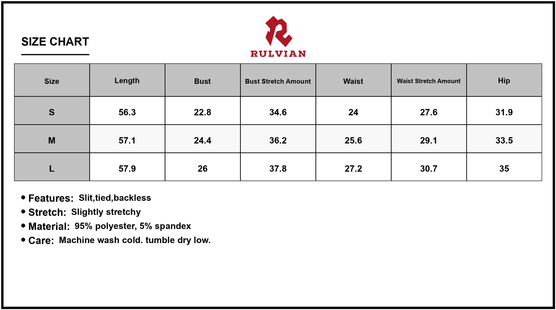 Size Chart - Women's Backless Slit Sleeveless Bodycon Maxi Dress with Stretch Fabric 95% Polyester and 5% Spandex for evening events