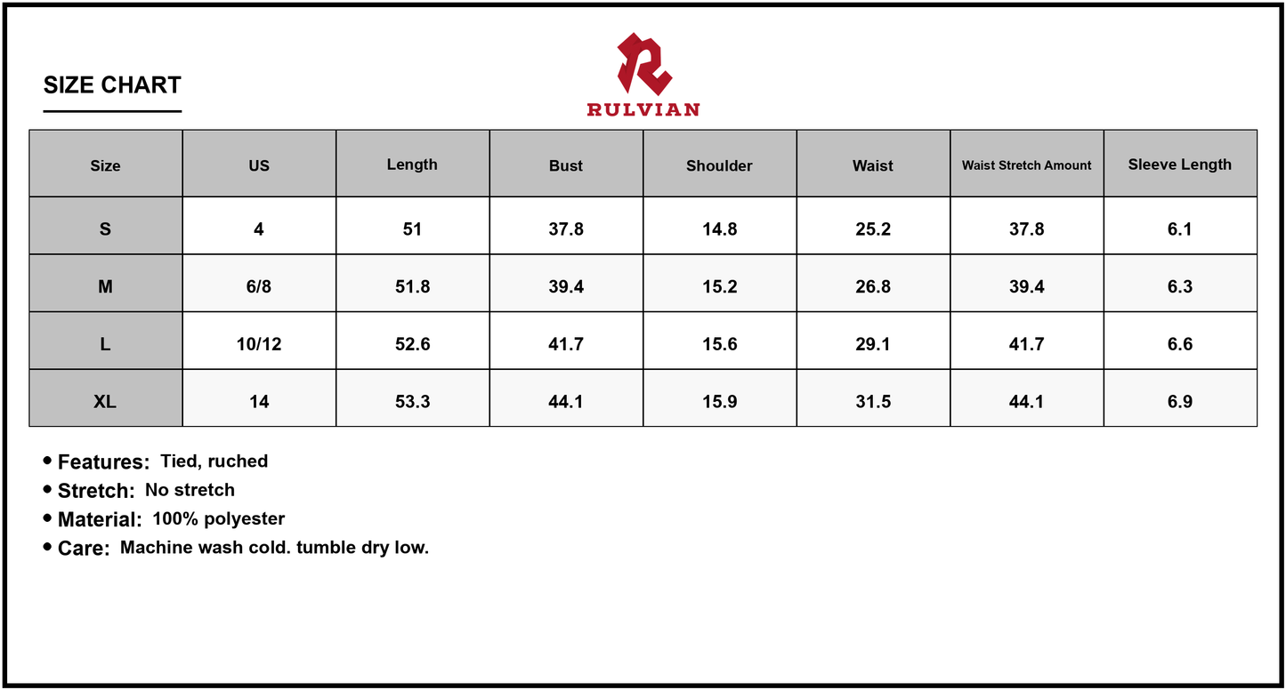 Size Chart - Women's Notched Short Sleeve Dress with Printed Pattern Tied Ruched Details 100% Polyester Easy Care Machine Washable