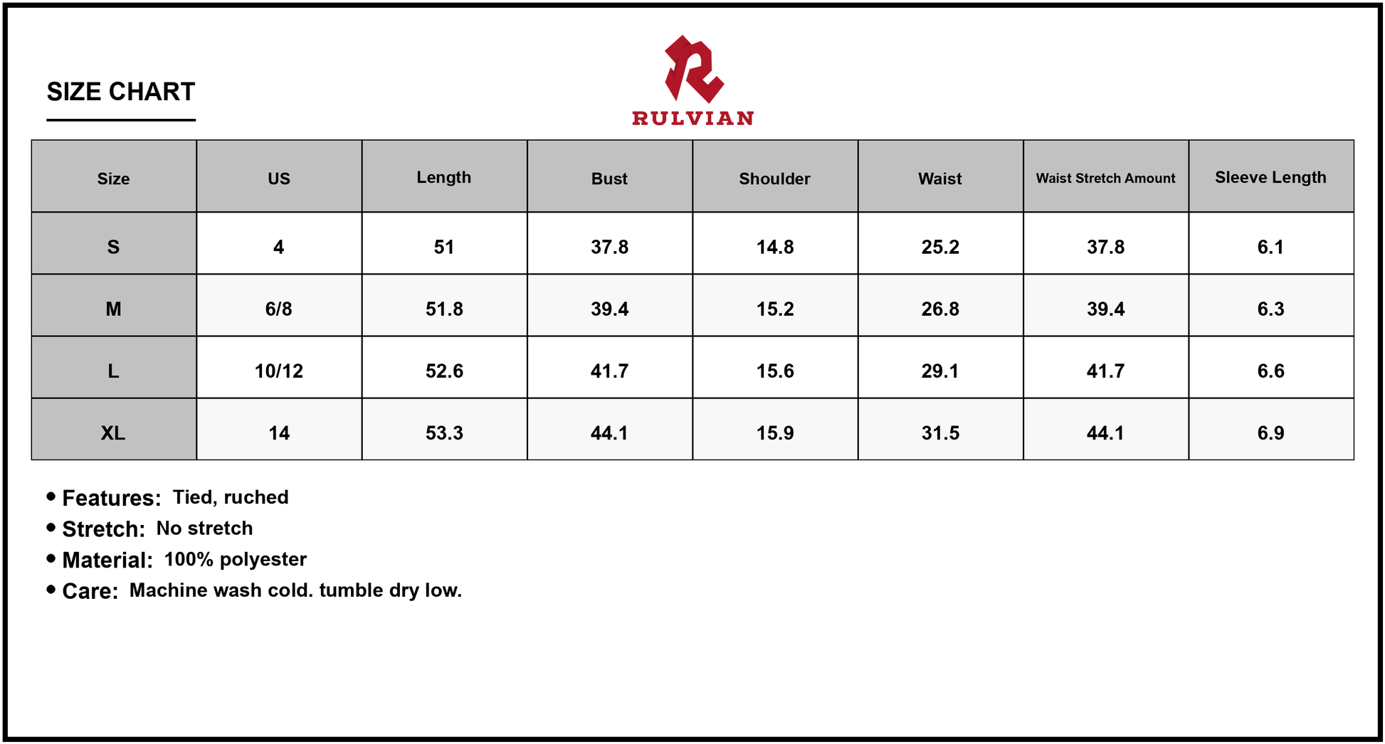 Size Chart - Women's Notched Short Sleeve Dress with Printed Pattern Tied Ruched Details 100% Polyester Easy Care Machine Washable