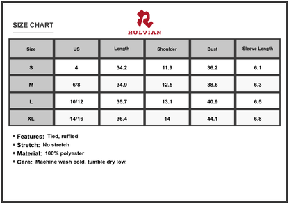 Size Chart - Women's Printed Tie Neck Cap Sleeve Mini Dress 100% Polyester with tied front detail and soft silhouette everyday