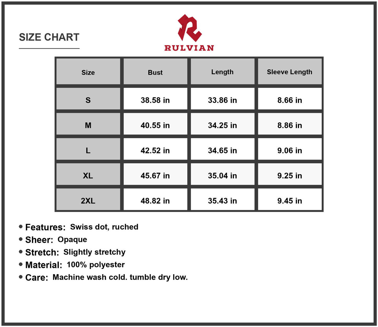 Size Chart - Womens Swiss Dot V Neck Flounce Sleeve Mini Dress with Ruched Sheer Bodice and Opaque Stretch 60% Polyester Fabric