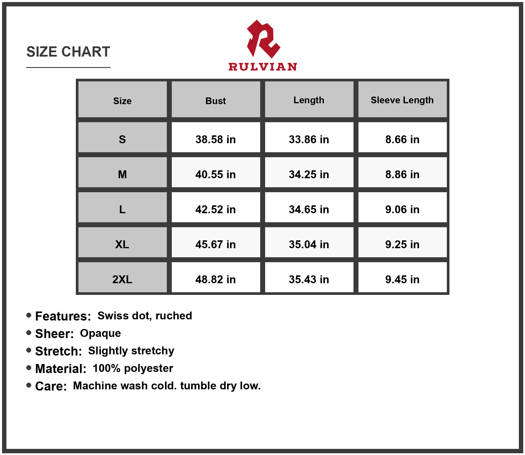 Size Chart - Womens Swiss Dot V Neck Flounce Sleeve Mini Dress with Ruched Sheer Bodice and Opaque Stretch 60% Polyester Fabric