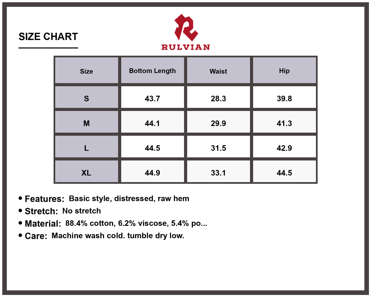 Size Chart - Men's Distressed Jeans Raw Hem Premium Denim Casual Fit Versatile Everyday Wear Durable Construction Modern Design