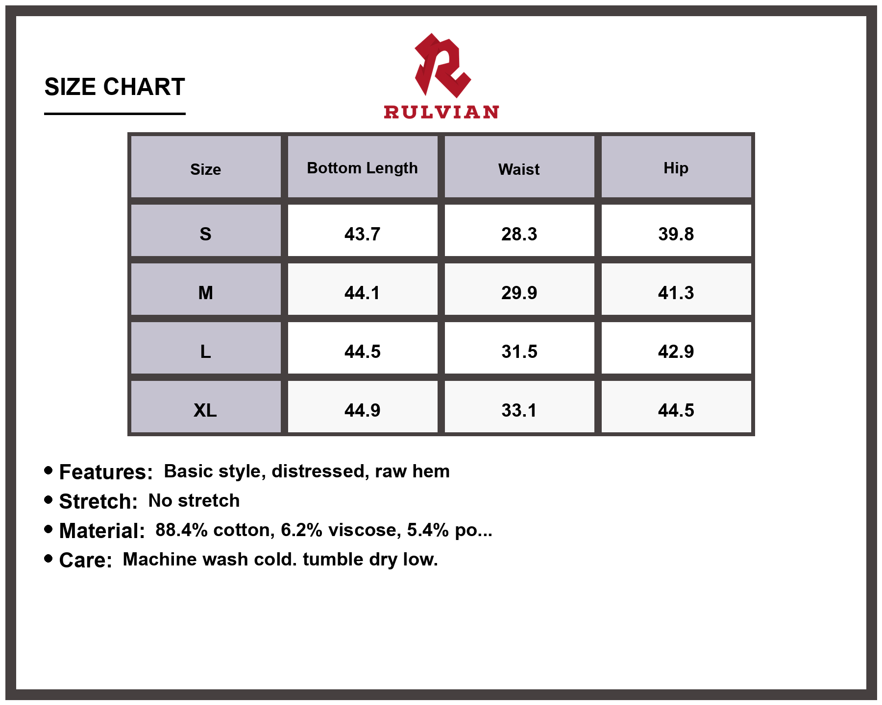 Size Chart - Men's Distressed Jeans Raw Hem Premium Denim Casual Fit Versatile Everyday Wear Durable Construction Modern Design