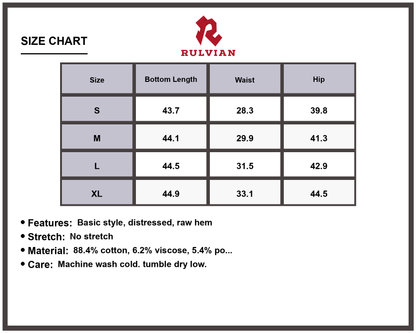 Size Chart - Men's Distressed Jeans Raw Hem Premium Denim Casual Fit Versatile Everyday Wear Durable Construction Modern Design