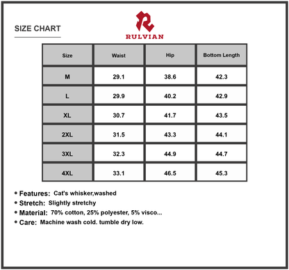Size Chart - Mens plus size wide leg flare jeans with cat whisker washed look slightly stretchy durable denim for casual wear