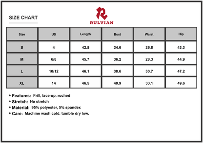 Size Chart - Women's Frill Tied Front Midi Cami Dress With Lace Up Detail Ruched Silhouette 95% Polyester 5% Spandex Elegant Fit