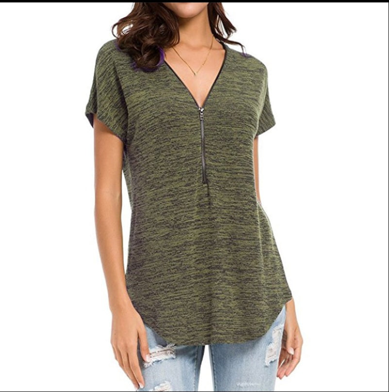 Men's Casual Loose Fit Short Sleeve V Neck Cotton Shirt With Zipper Stitching Front Detail For Everyday Wear