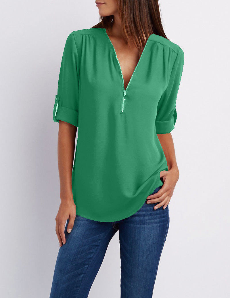 Size Chart - V-neck Zipper Plus Size Women's Long-Sleeved Loose Chiffon Shirt