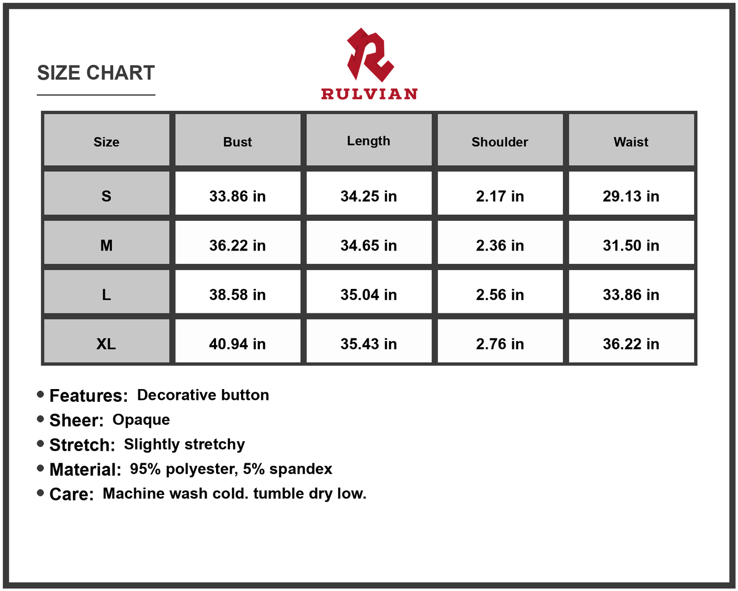 Size Chart - Womens V Neck Sleeveless Dress with Buttons and Sheer Body in Ninety Five Percent Polyester and Five Percent Spandex