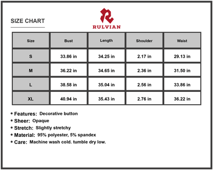 Size Chart - Womens V Neck Sleeveless Dress with Buttons and Sheer Body in Ninety Five Percent Polyester and Five Percent Spandex