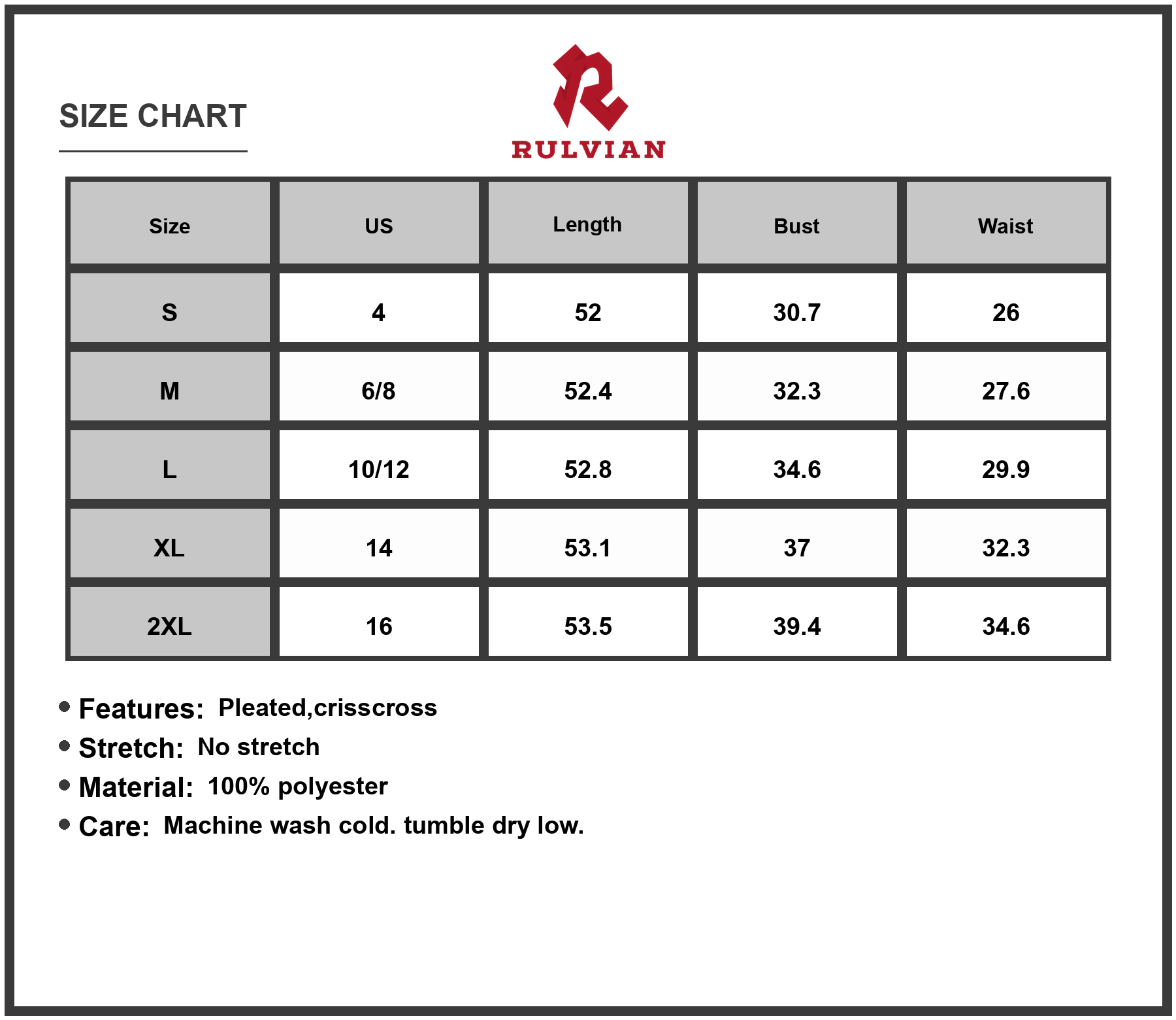 Size Chart - Women's Pleated V neck Sleeveless Maxi Dress 100% Polyester Crisscross Detail Floor Length Elegant Wear For Party