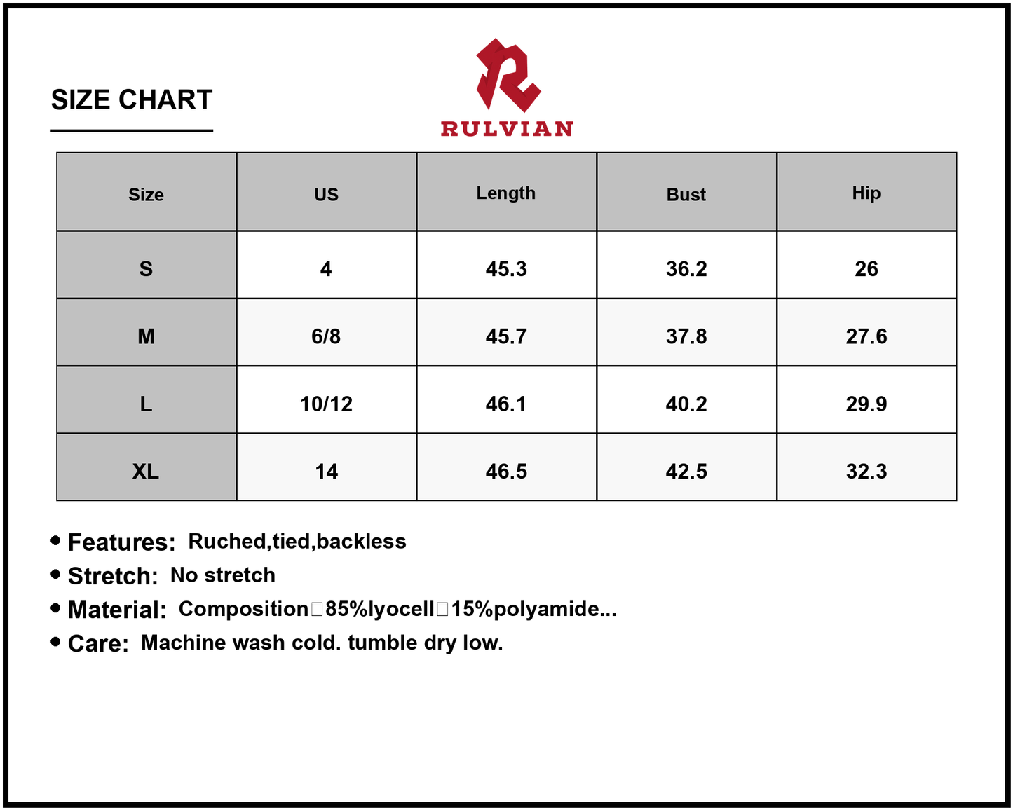 Size Chart - Women's Texture Sweetheart Neck Backless Cami Dress with Ruched Ties Bodice and Lining Lyocell 85% Polyamide 15%