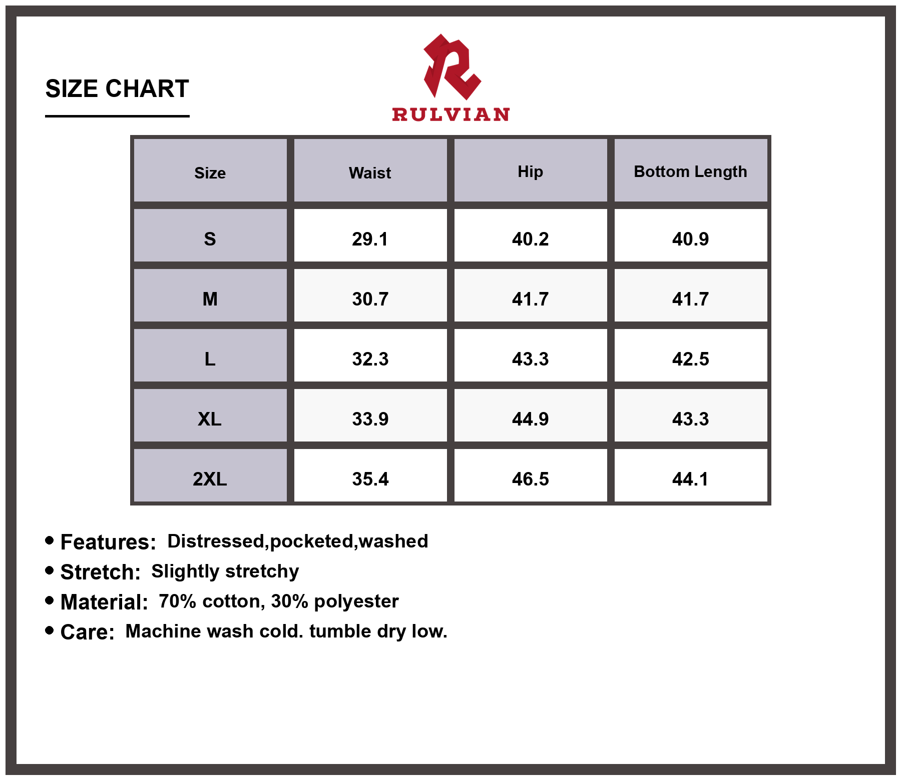 Size Chart - Men's Distressed Denim Jeans Camo Patchwork Plus Size Pocketed Washed Slightly Stretchy Premium Durable Casual Wear