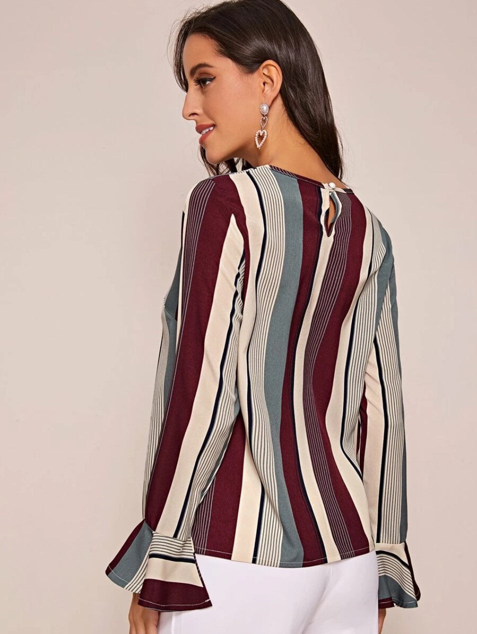 Men's Striped Flared Sleeve Chiffon Shirt Long Sleeve Round Neck With Cotton Lining 100% Cotton Soft