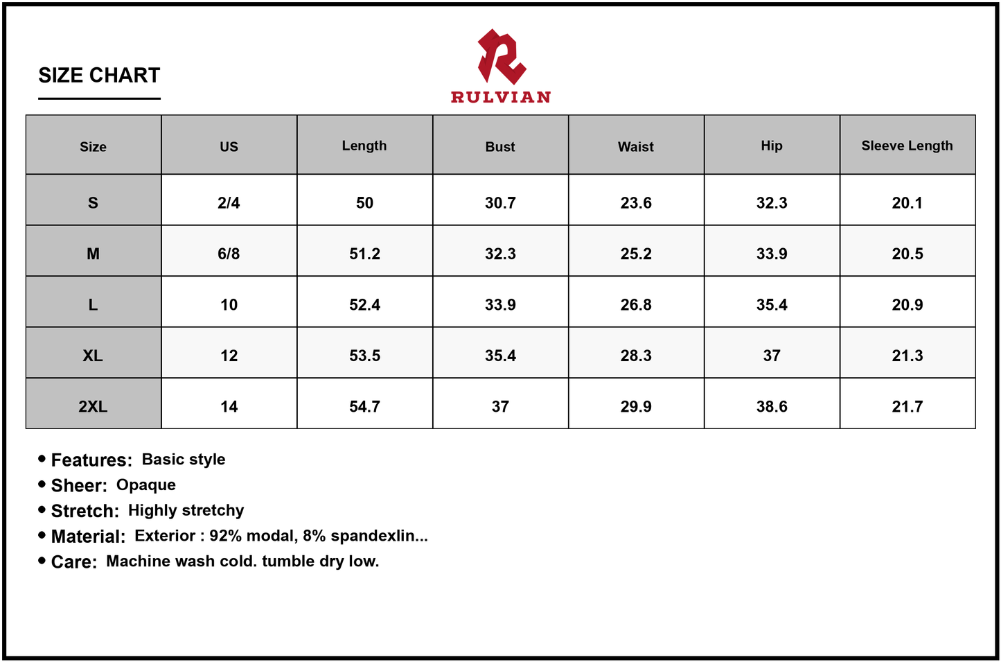 Size Chart - Women's Basic Built In Shapewear Square Neck Long Sleeve Maxi Dress 92% modal 8% spandex 62% polyamide 38% elastane