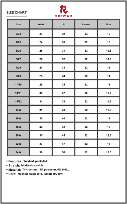 Size Chart - Womens High Waist Tummy Control Jeans with Washed Finish Front and Back Pockets Slimming Denim Pants Durable Versatile