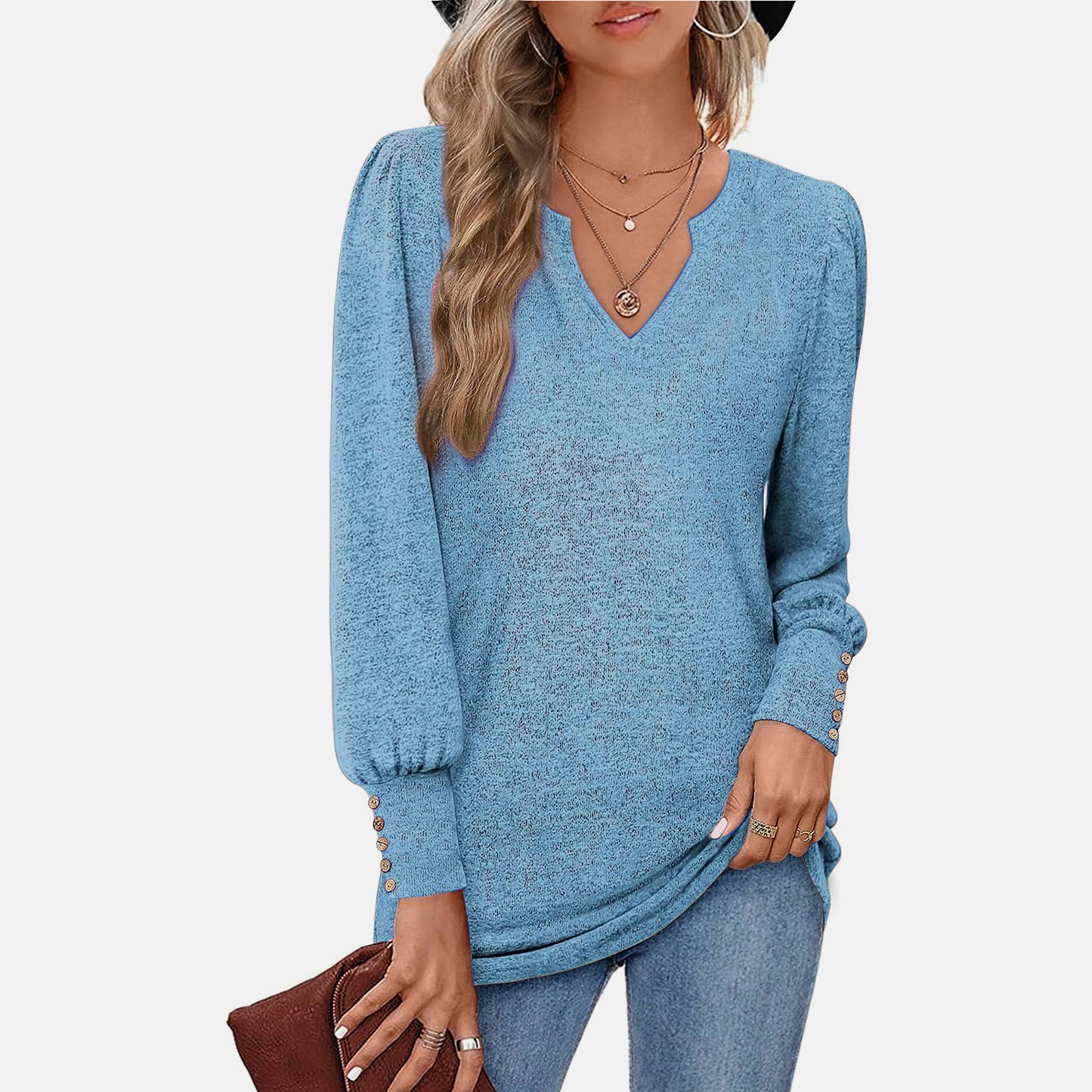 Women's V Neck Puff Sleeve Button Front Knit Sweater 100% Cashmere Solid Casual Top for Everyday Wear