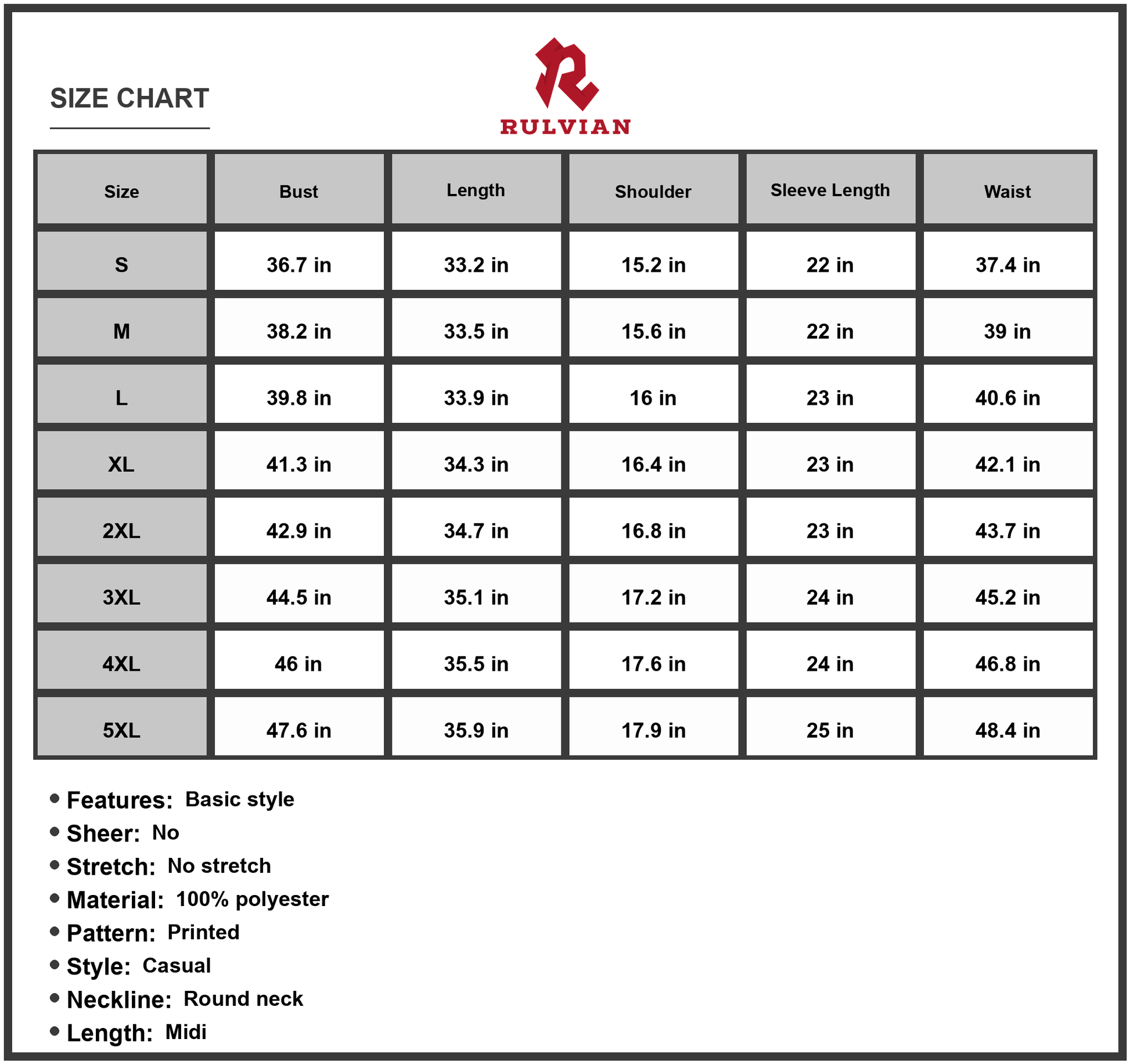 Size Chart - Women's floral long sleeve midi dress with round neck printed pattern casual everyday wear fabric 100% Polyester