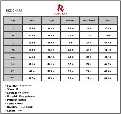 Size Chart - Women's floral long sleeve midi dress with round neck printed pattern casual everyday wear fabric 100% Polyester