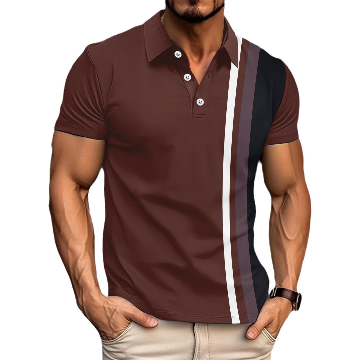 Men's Striped Lapel Polo Shirt in Brown 100% Polyester Fabric with Classic Fit for Casual Everyday Wear