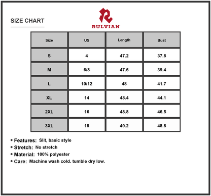 Size Chart - Womens Sleeveless Midi Dress with Side Slit in 100% Polyester Fabric for Plus Size Everyday Wear for flattering fit