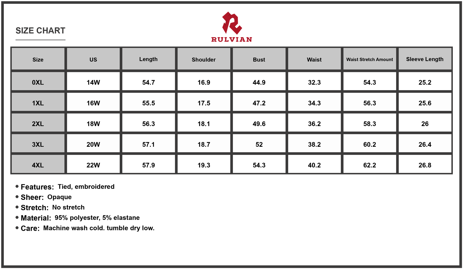 Size Chart - Women's Curvy Polka Dot Tie Neck Long Sleeve Midi Dress with Ninety Five Percent Polyester and Five Percent Elastane
