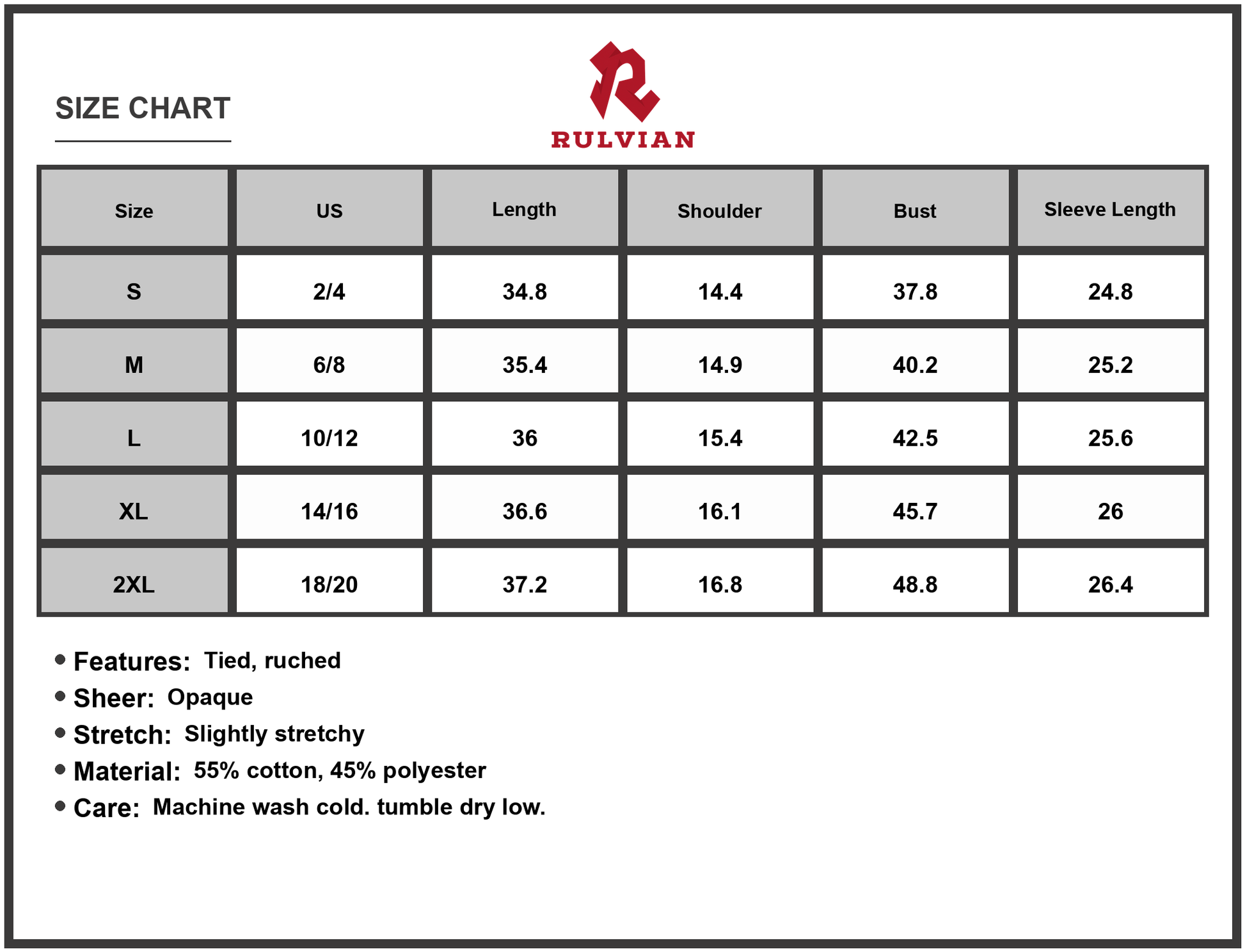 Size Chart - Women's Christmas Front Tied Long Sleeve Dress with Ruched and Fifty Five Percent Cotton Forty Five Percent Polyester