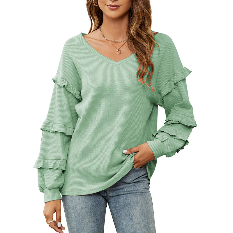 Women's Waffle V Neck Flounce Top For Autumn And Winter 100% Cotton Loose Fit Casual Style Soft Cozy Wear