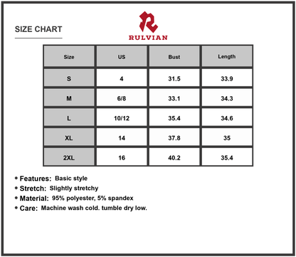 Size Chart - Women's Ruched Round Neck Bodycon Dress 95% polyester 5% spandex Soft Stretch Easy Care Machine Wash Cold Imported