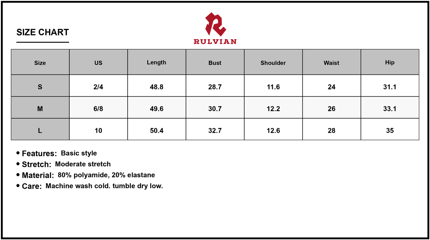 Size Chart - Women's Slit Back Sleeveless Maxi Tank Dress with Stretch eighty percent polyamide and twenty percent elastane