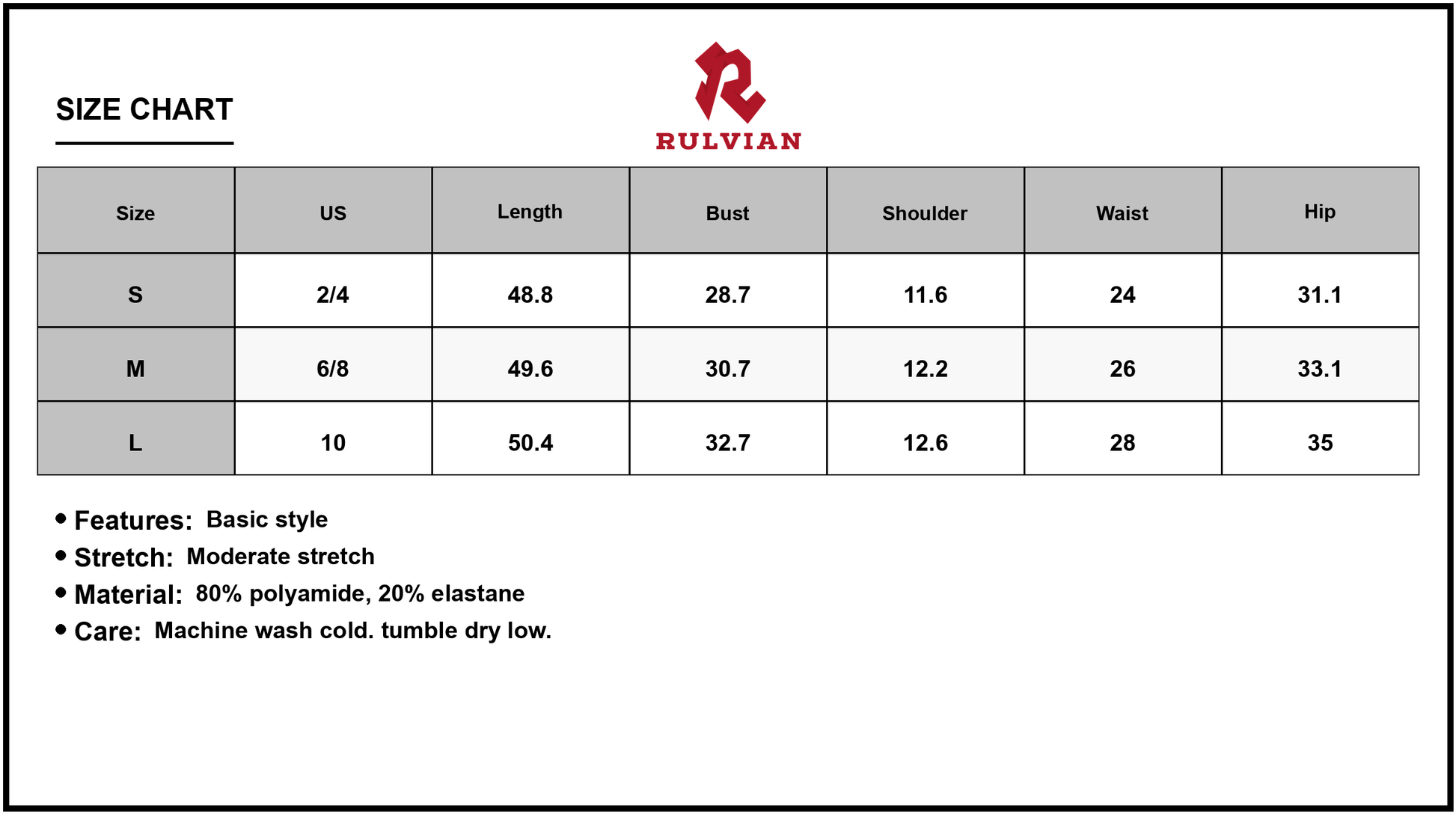 Size Chart - Women's Slit Back Sleeveless Maxi Tank Dress with Stretch eighty percent polyamide and twenty percent elastane