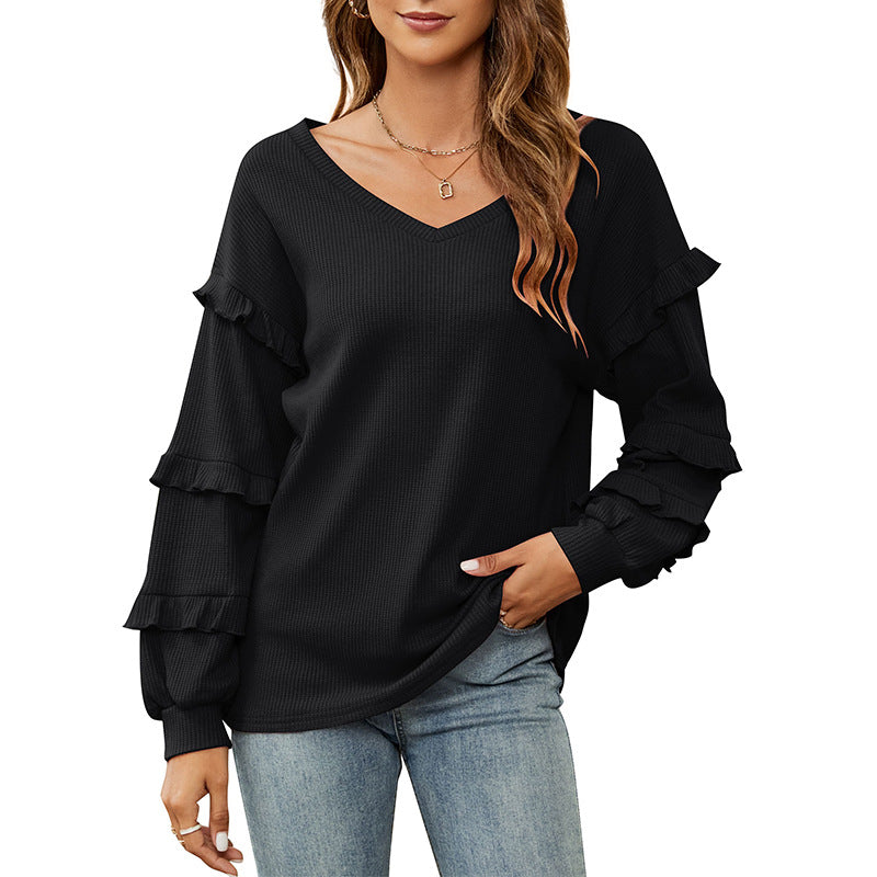 Women's Waffle V Neck Flounce Top For Autumn And Winter 100% Cotton Loose Fit Casual Style Soft Cozy Wear