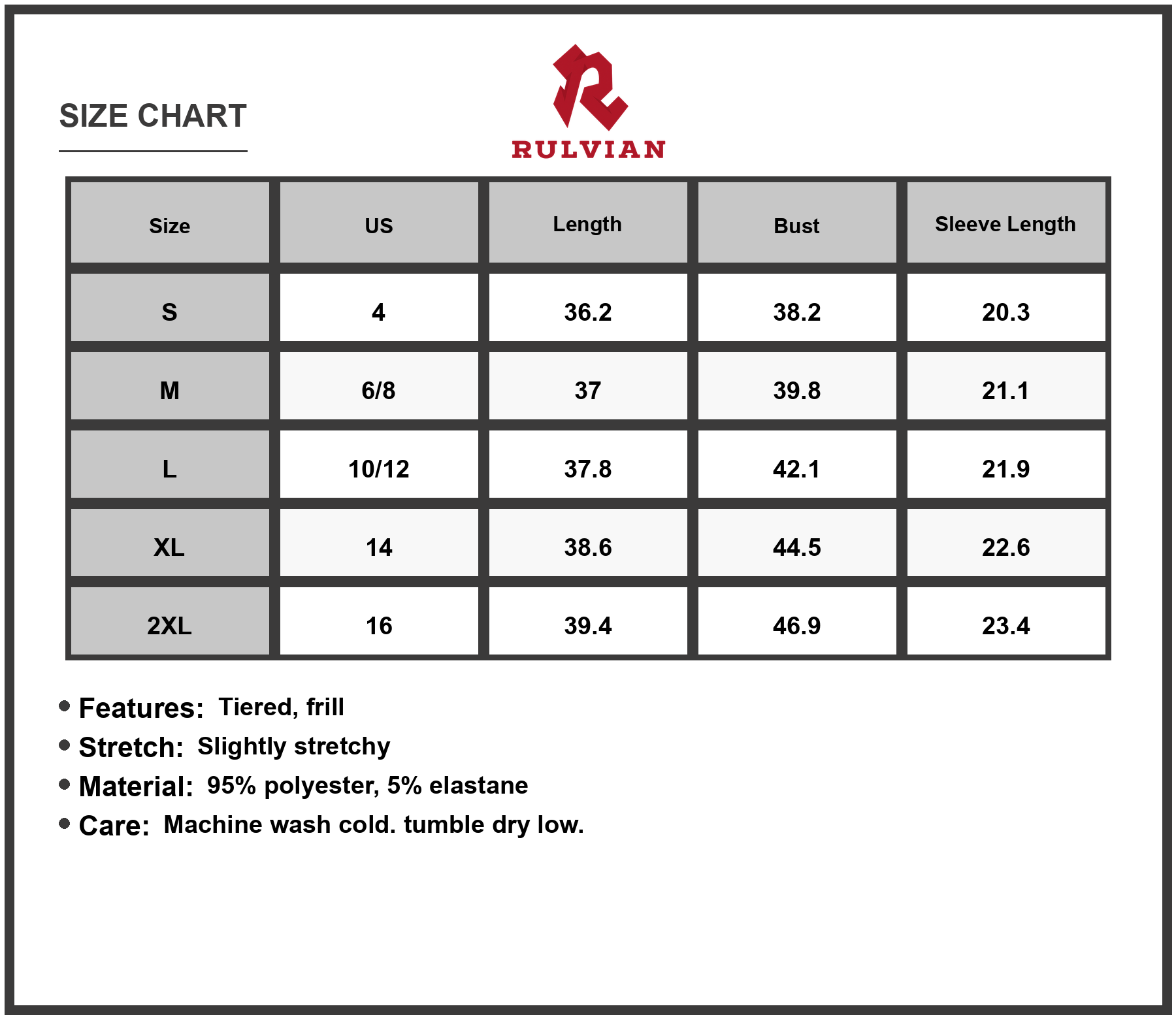 Size Chart - Women's Color Block Round Neck Short Sleeve Dress Tiered Frill Slight Stretch Soft Touch 95% Polyester and 5% Elastane