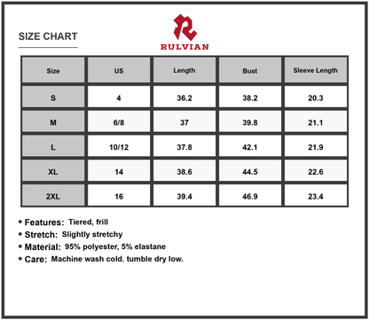 Size Chart - Women's Color Block Round Neck Short Sleeve Dress Tiered Frill Slight Stretch Soft Touch 95% Polyester and 5% Elastane