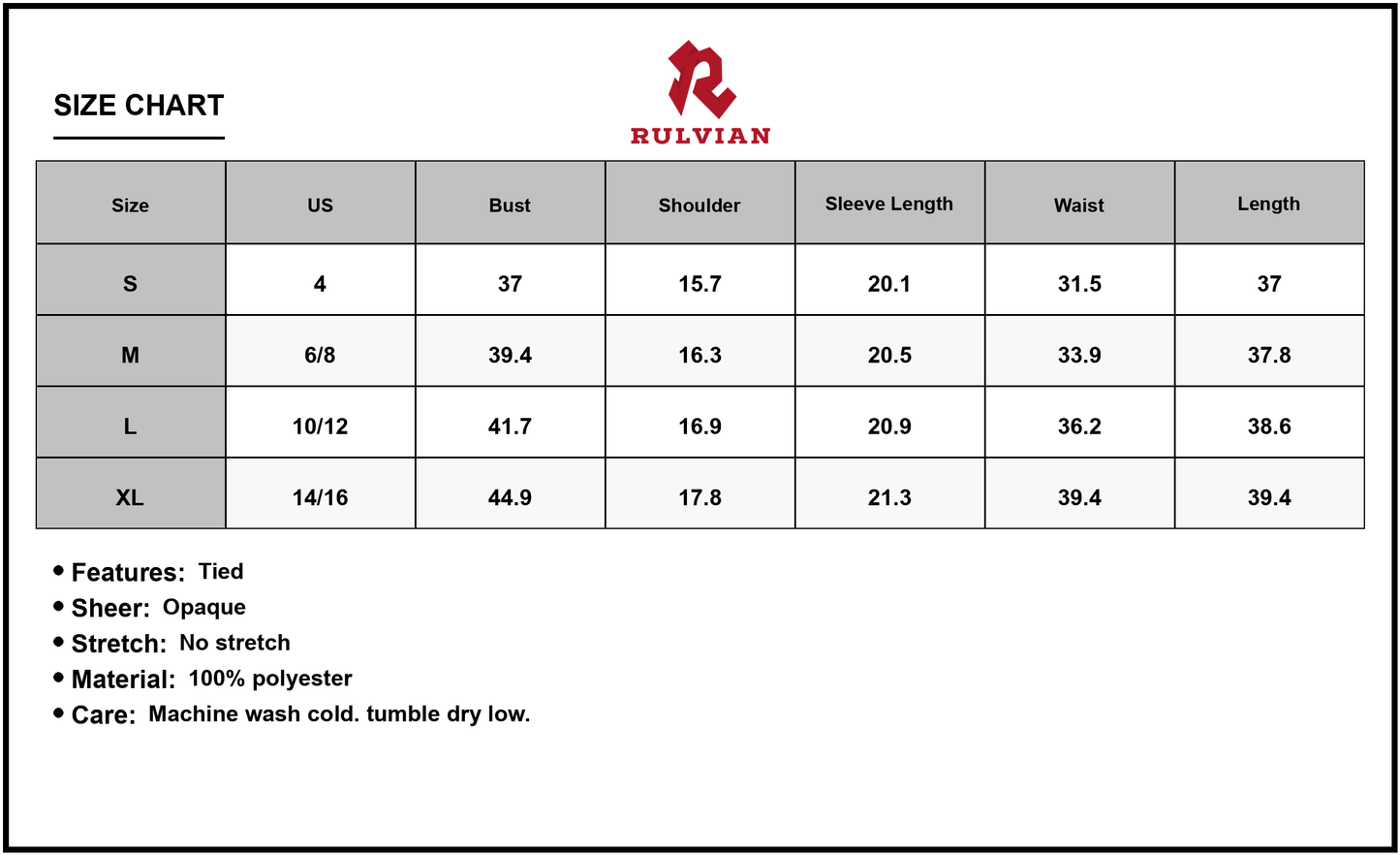 Size Chart - Women's Printed Tie Neck Three-Quarter Sleeve Mini Dress 100% Polyester Lightweight Everyday Elegant Comfort Chic