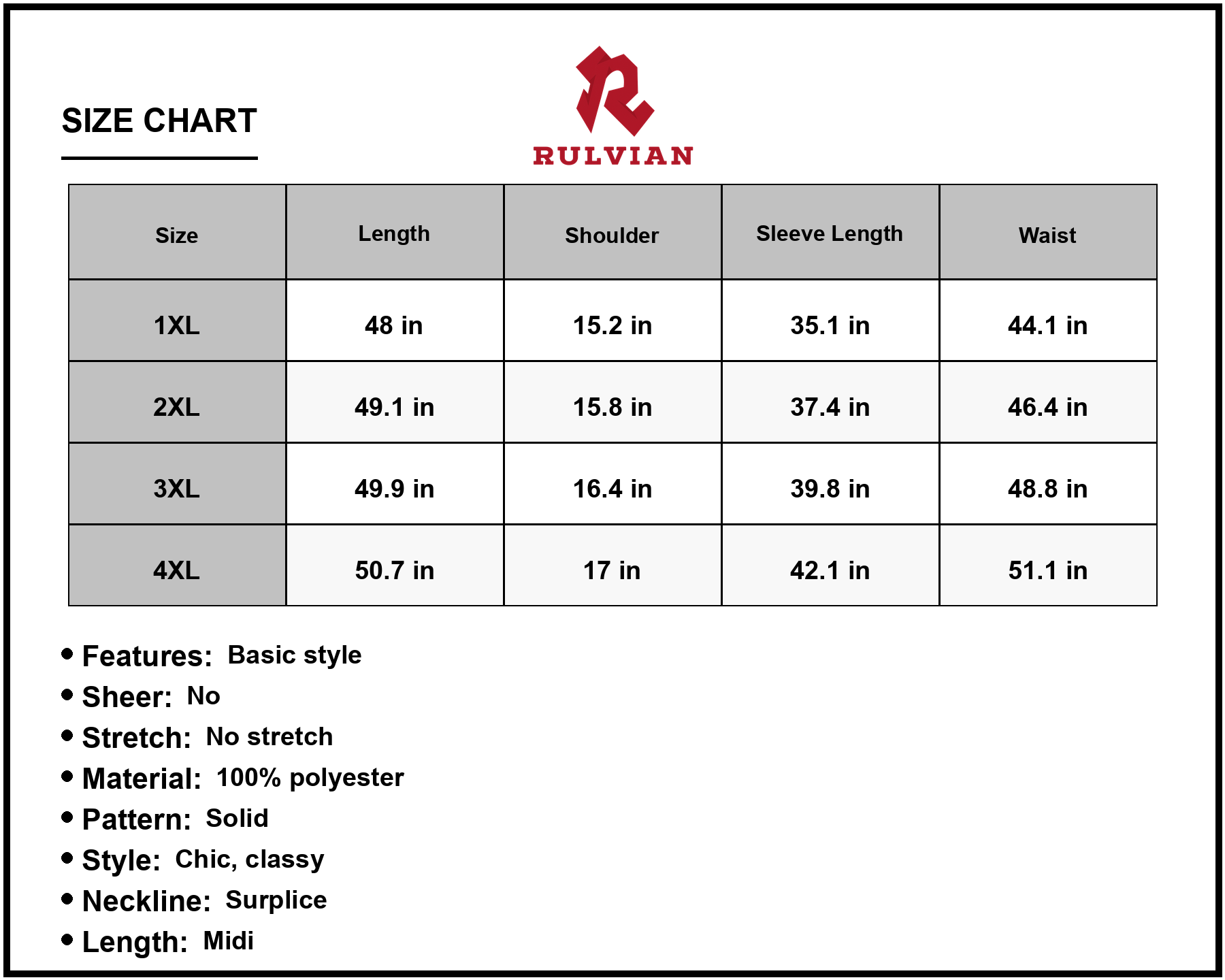 Size Chart - Women's Plus Size Short Sleeve Surplice Neck Midi Dress 100% Polyester Chic Elegant Everyday Dress Feminine Silhouette