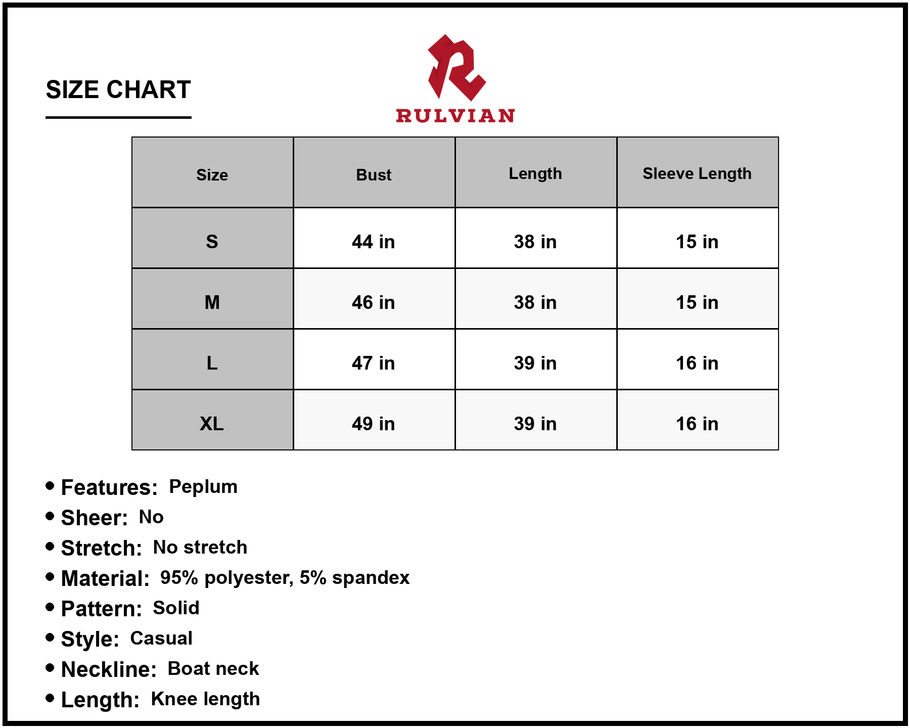 Size Chart - Women's Boat Neck Flounce Sleeve Knee Length Dress with 95% Polyester 5% Spandex Fabric for Casual Everyday Wear