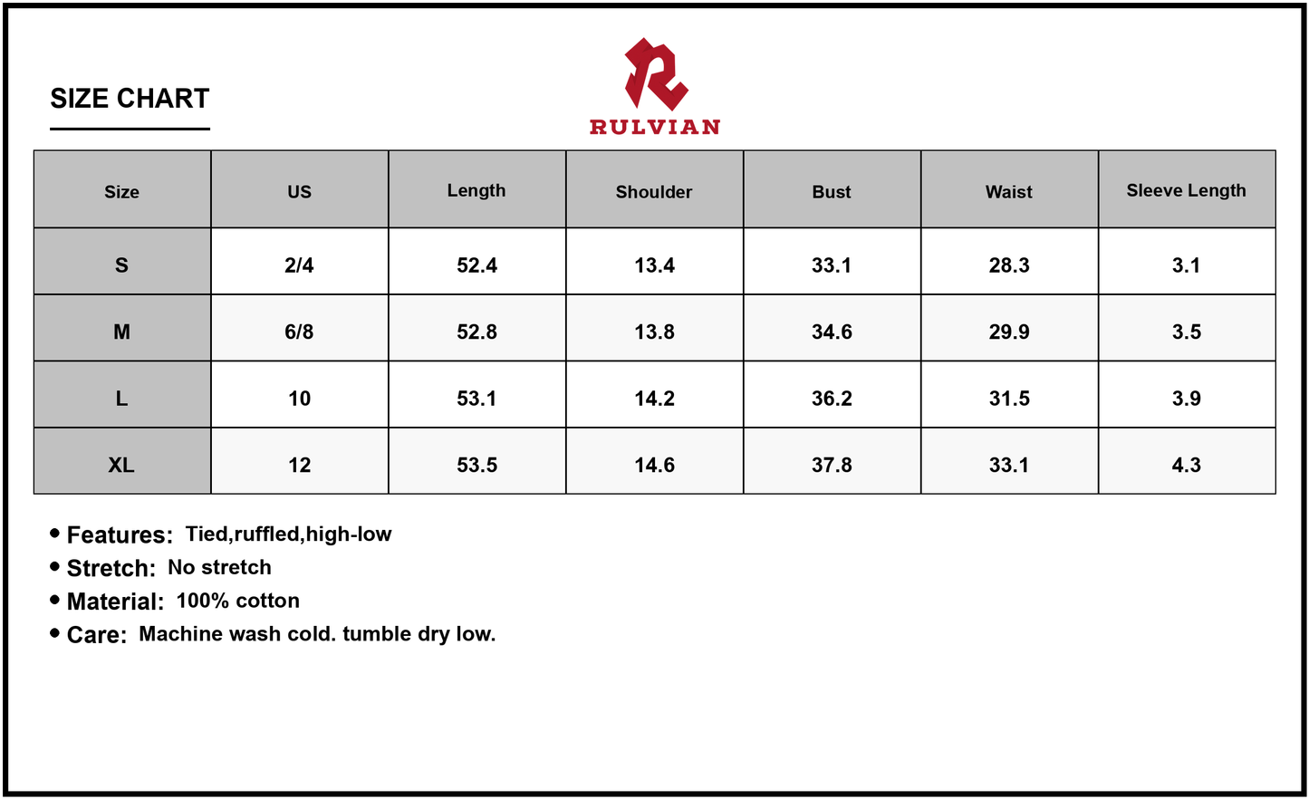 Size Chart - Women's Printed Surplice Ruffle Sleeve Dress 100% Cotton Lightweight Comfort Casual Easy Care High Low Hem Everyday Wear