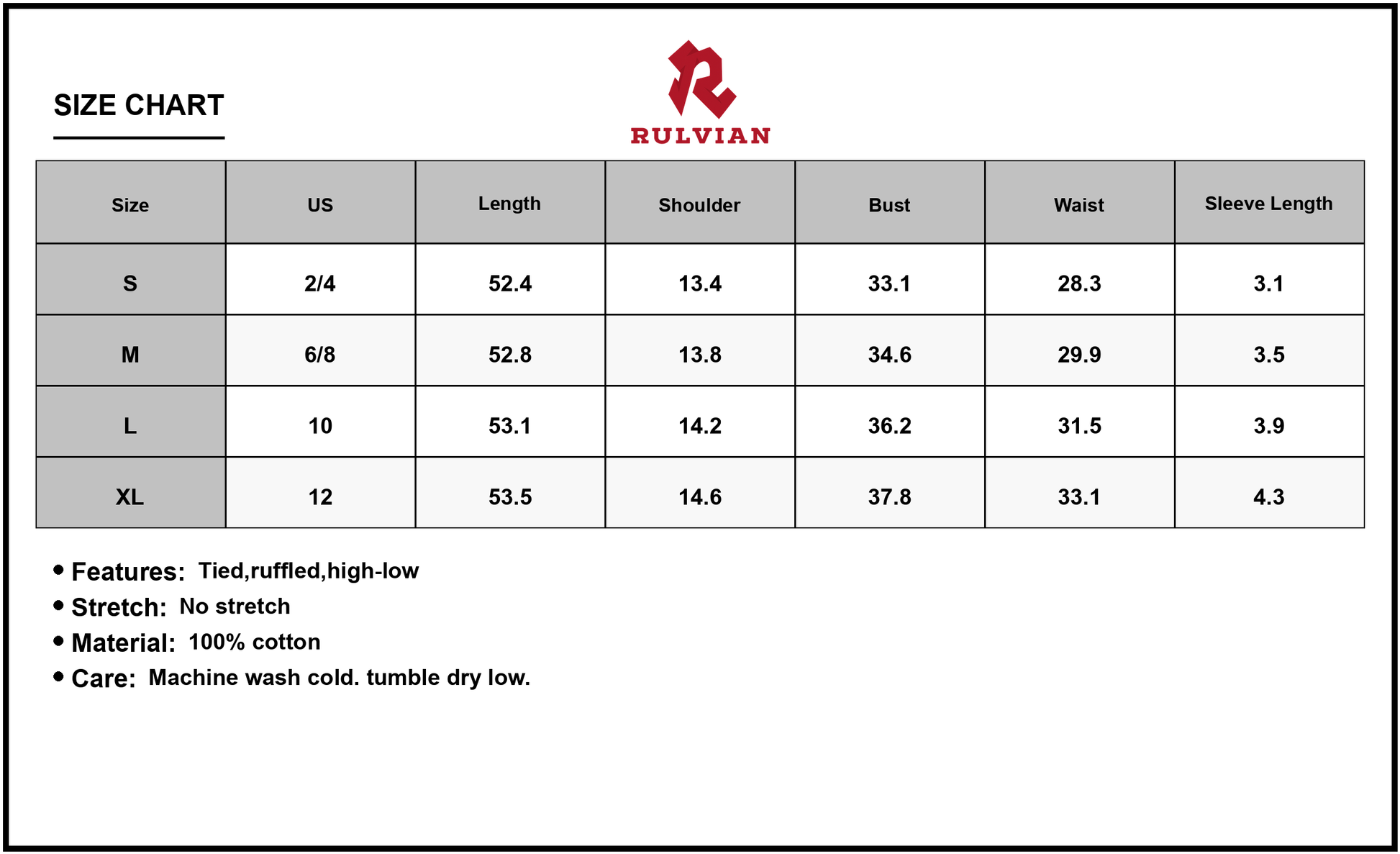 Size Chart - Women's Printed Surplice Ruffle Sleeve Dress 100% Cotton Lightweight Comfort Casual Easy Care High Low Hem Everyday Wear