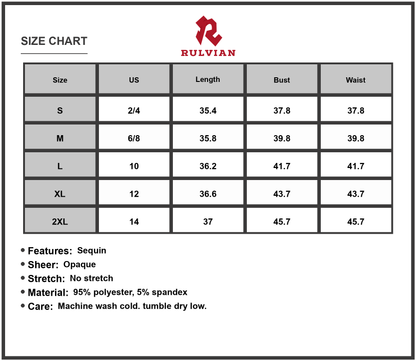 Size Chart - Women's Sequin Round Neck Half Sleeve Mini Dress with fabric ninety five percent % polyester and five percent % spandex