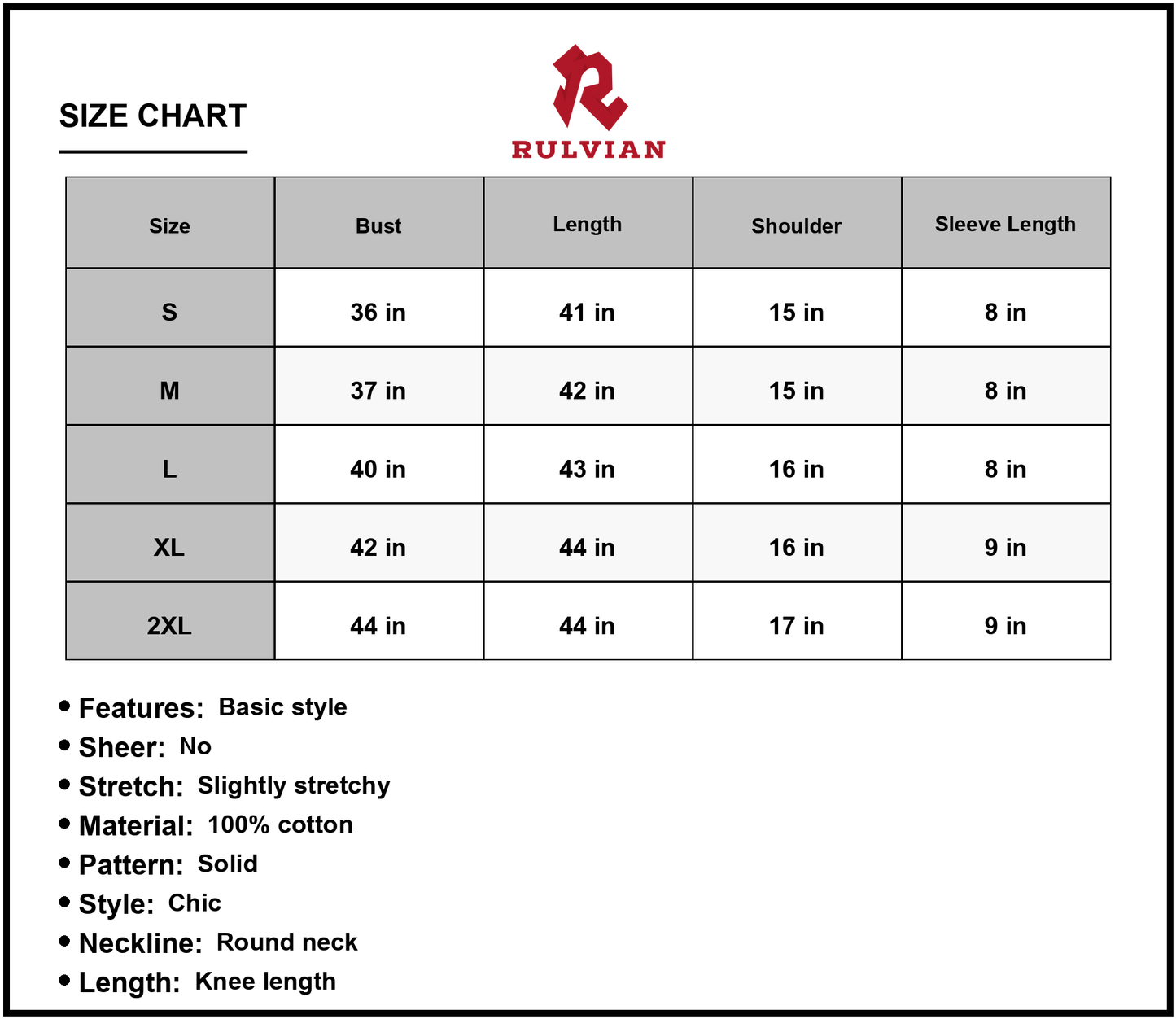 Size Chart - Women's Round Neck Short Sleeve Dress with Pockets in 100% Cotton Fabric Knee Length A line Silhouette Soft Breathable