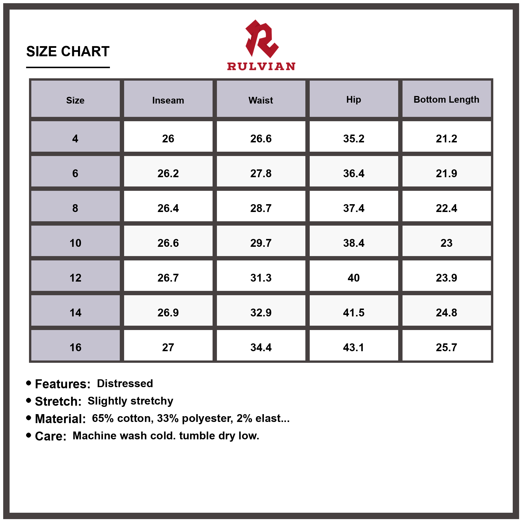Size Chart - Women's Mid Rise Ankle Length Distressed Skinny Jeans Premium Stretch Denim Versatile Everyday Fashion Essential Trendy