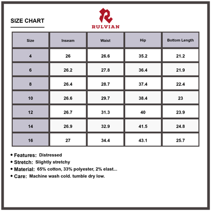 Size Chart - Women's Mid Rise Ankle Length Distressed Skinny Jeans Premium Stretch Denim Versatile Everyday Fashion Essential Trendy