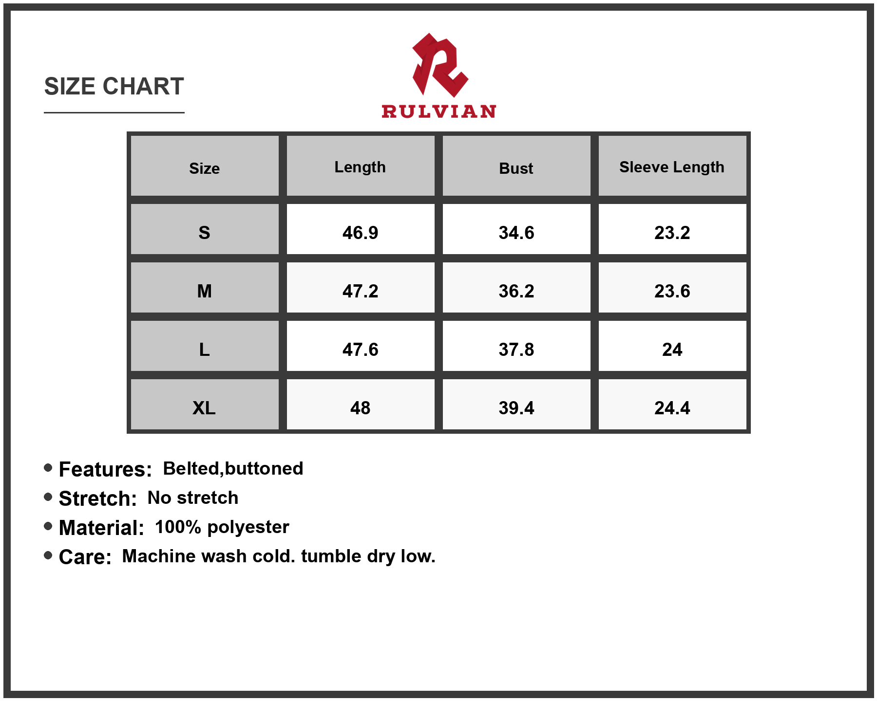 Size Chart - Women's Button Front Long Sleeve Shirt Dress Belted Silhouette 75% Polyester Fabric Casual Everyday Wear Essentials